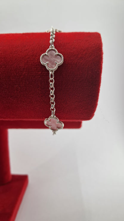 Pulsera Plata 925 — Trébol Rosa Perlado