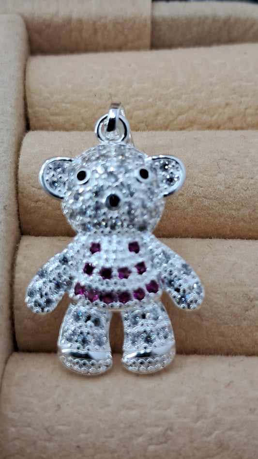 Dije Osito Brillante con Detalles Fucsia – Plata 925