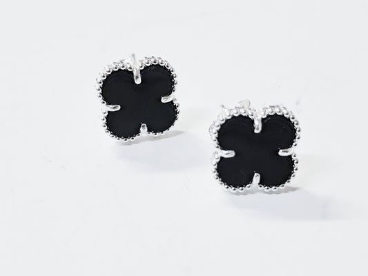 Aros Trébol Negro en Plata 925